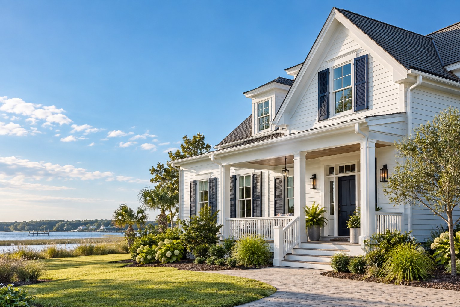 Coastal-style home with white gutters and blue shutters